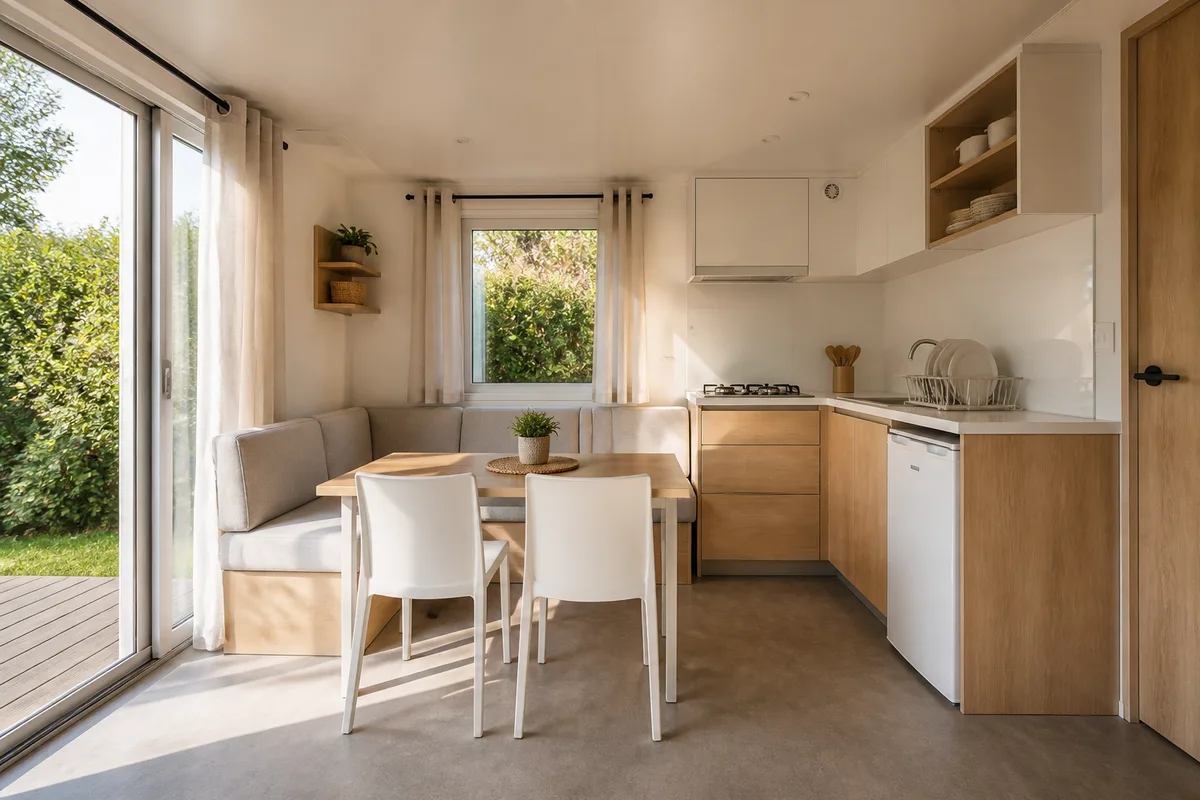 Intérieur lumineux d’un mobil-home de location avec coin cuisine équipé et banquette