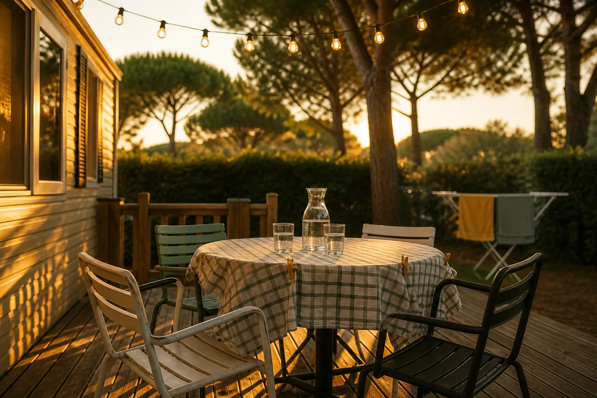 Terrasse en bois d’un mobil-home au coucher du soleil, table dressée et guirlande lumineuse