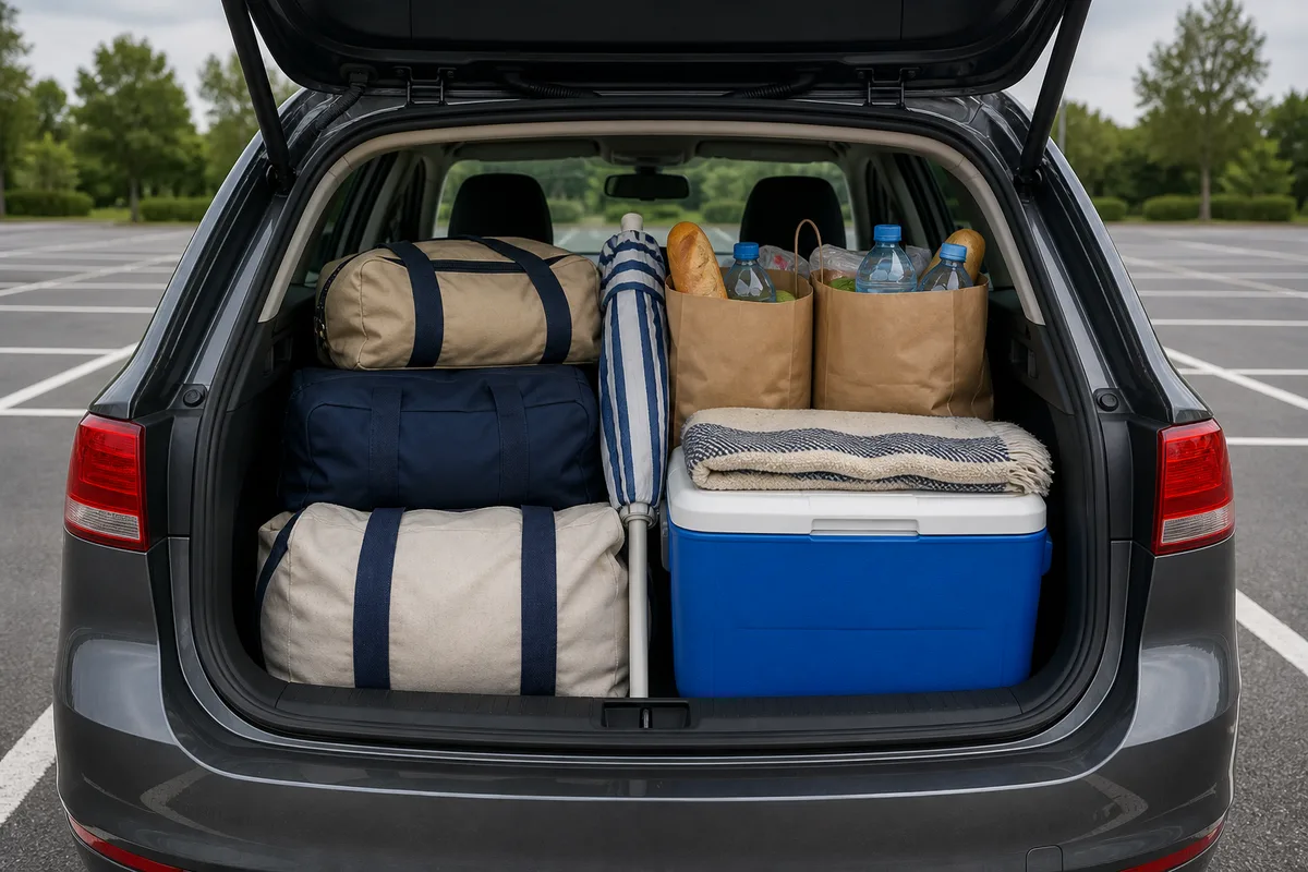 Coffre de voiture ouvert chargé de bagages et d’une glacière avant un départ en vacances