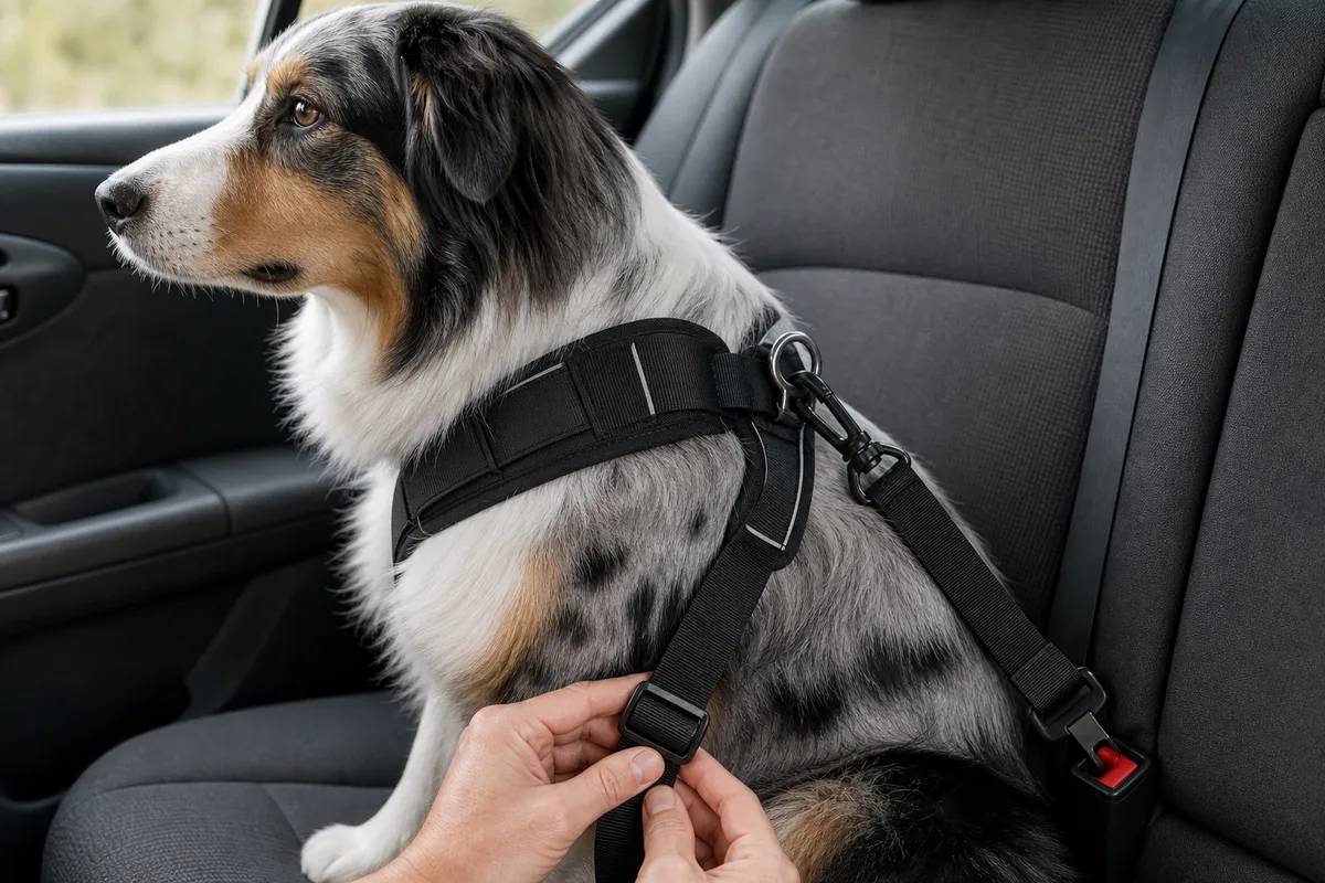 Chien attaché par un harnais de sécurité sur la banquette arrière d’une voiture familiale