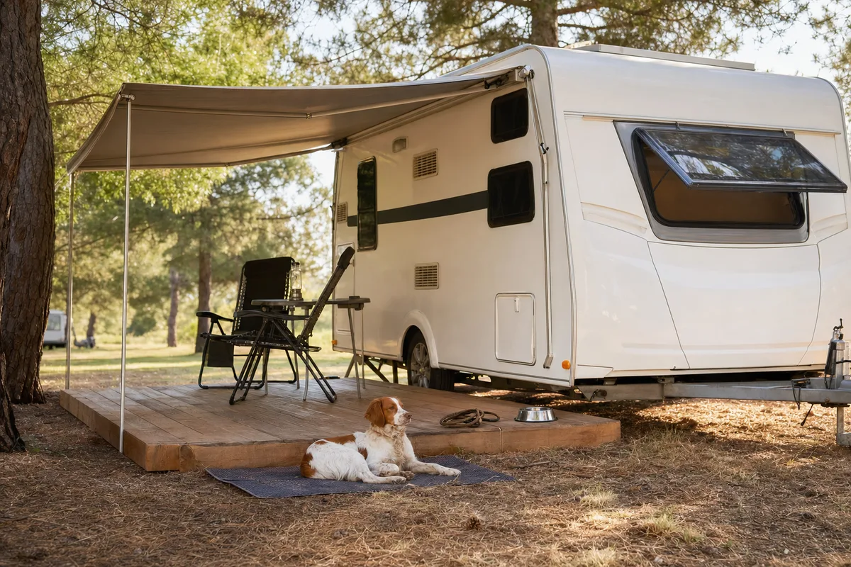 Caravane installée sur un emplacement de camping ombragé, gamelle et laisse posées sur la terrasse en bois